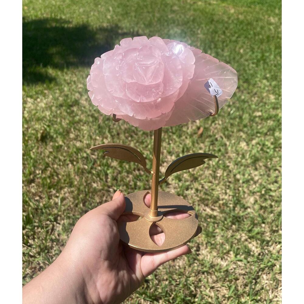 Rose Quartz Rose Carving with Display Stand, Large 384 g Crystal Statement Piece